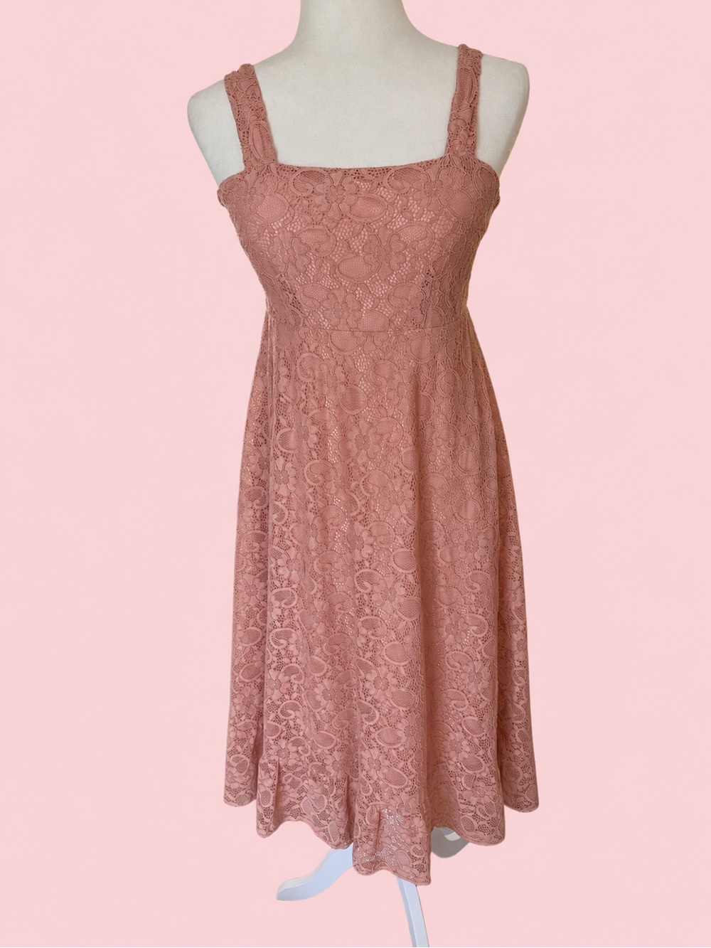 Lace Square-Neck A-Line Dress in Pink Dusty Rose